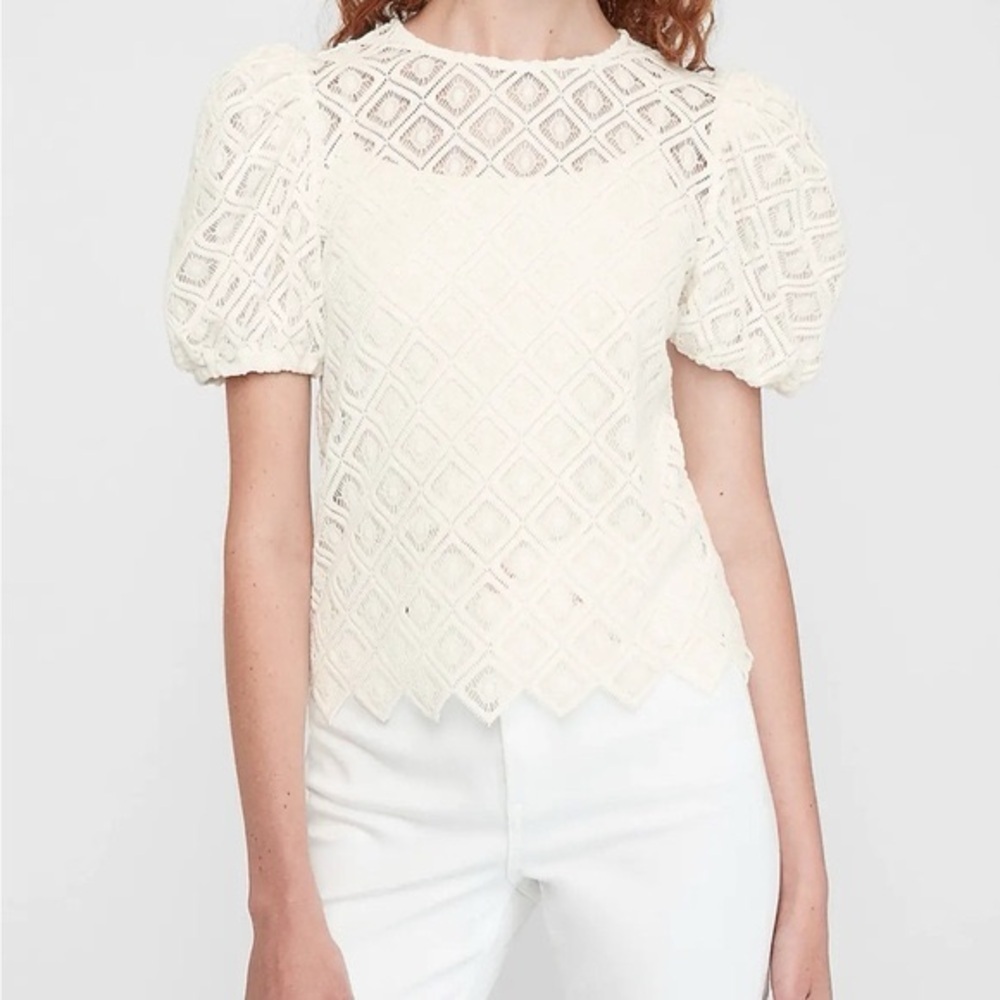 Express Puff Sleeve Cream Crochet Eyelet Blouse - Medium